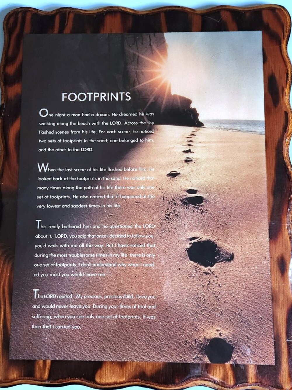 Vintage Footprints in the Sand Wood Wall Plaque Religious Poem Art LG 19.5x15.5